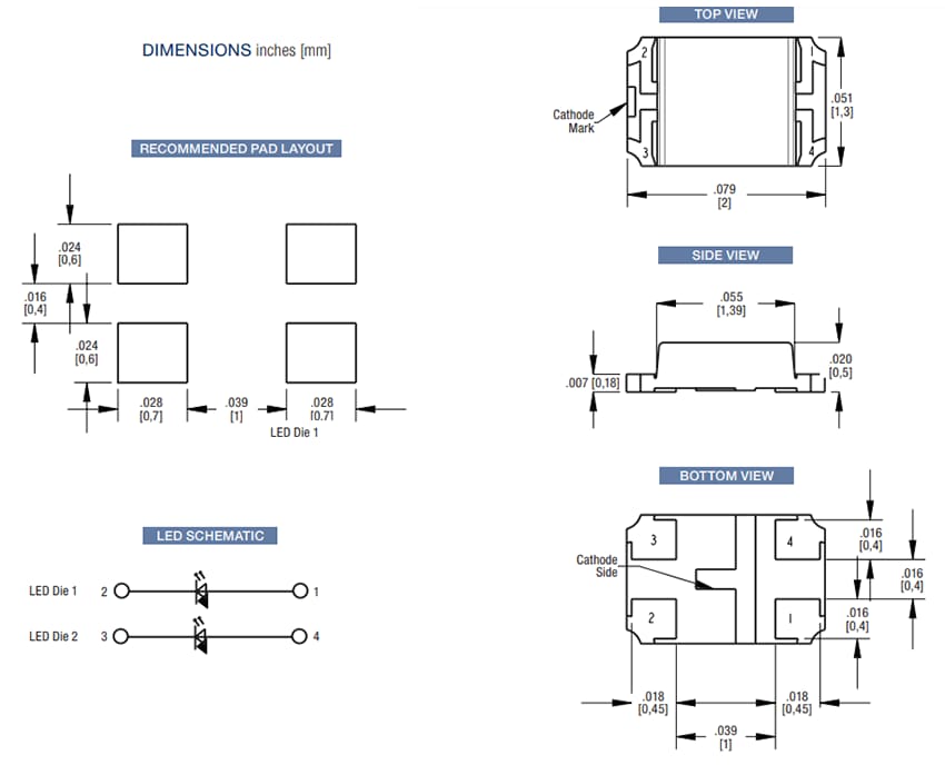 Mechanical Drawing - Dialight 599 MicroLED® Bi-Color 0805 SMD LEDs